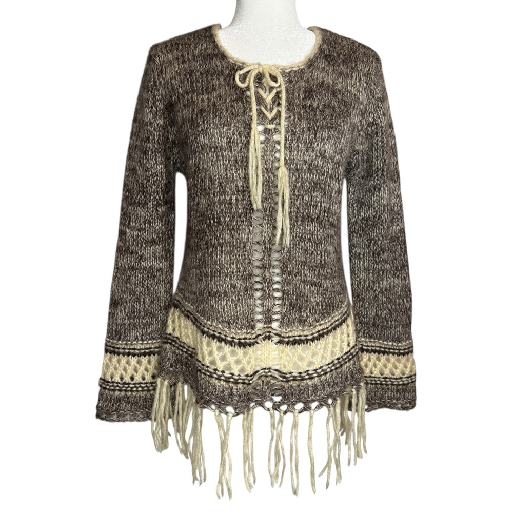Folk Mohair Blend Fringe Sweater L Boho Lace Up‎ Knit Large Earthy Tribal Boho